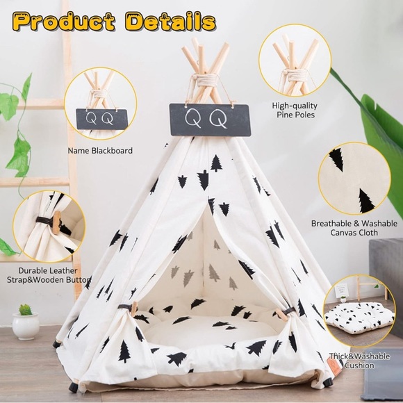Dog cat teepee bed/ thick cushion 24in pet tent/ blackboard pet house - Picture 2 of 3
